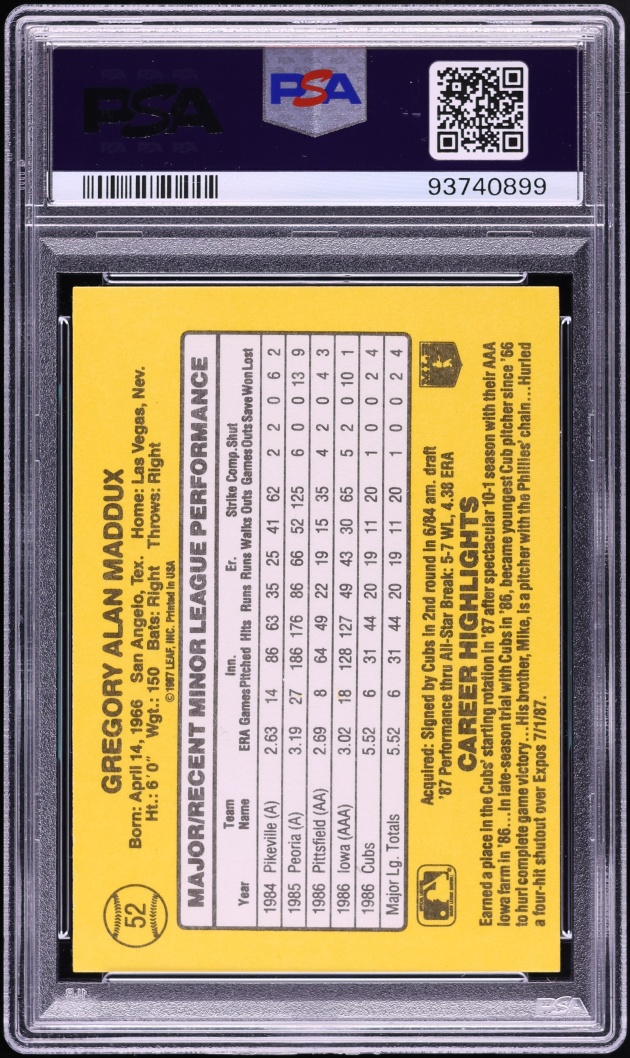 1987 Donruss Greg Maddux ROOKIE #52 PSA 10 GEM MINT