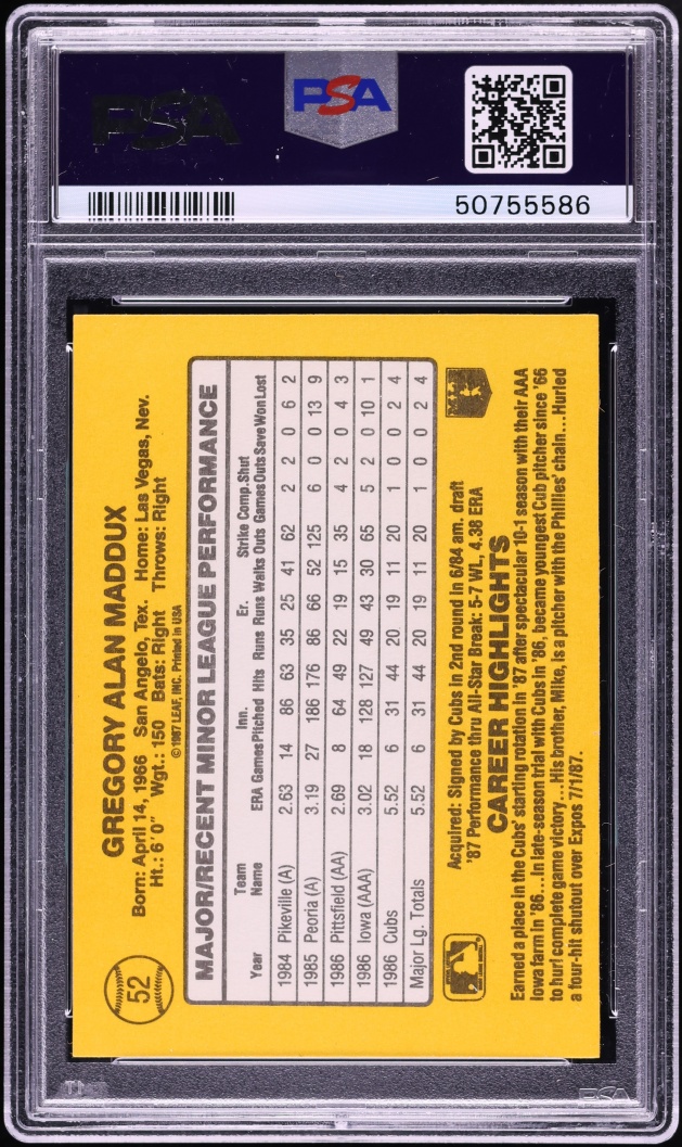 1987 Donruss Greg Maddux ROOKIE #52 PSA 9 MINT