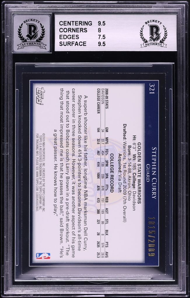 2009 Topps Gold Stephen Curry ROOKIE AUTO /2009 #321 BAS BGS 8 NM-MT