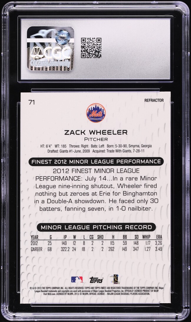 2013 Finest Refractor Zack Wheeler ROOKIE #71 CGC 9 MINT