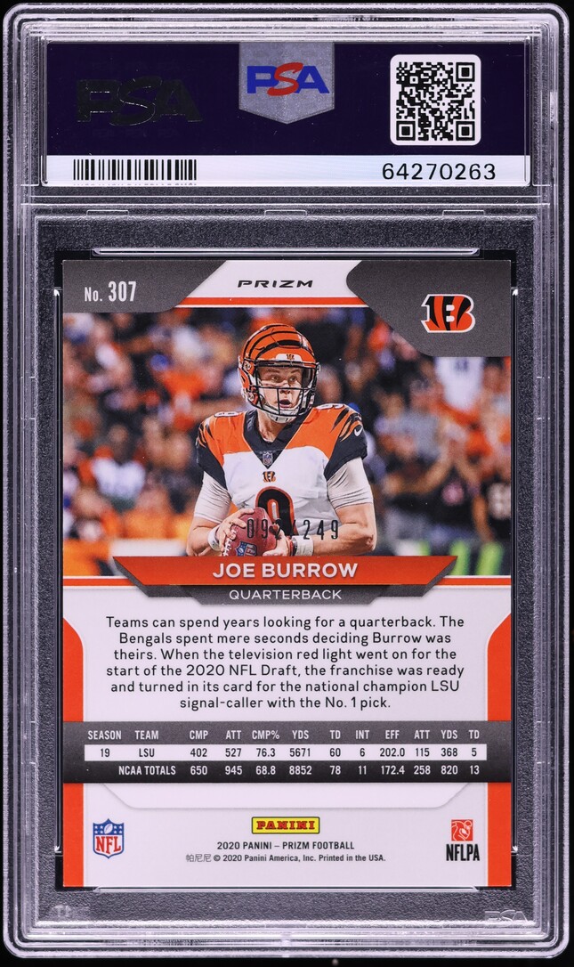 2020 Panini Prizm Orange Joe Burrow ROOKIE /249 #307 PSA 10 GEM MINT