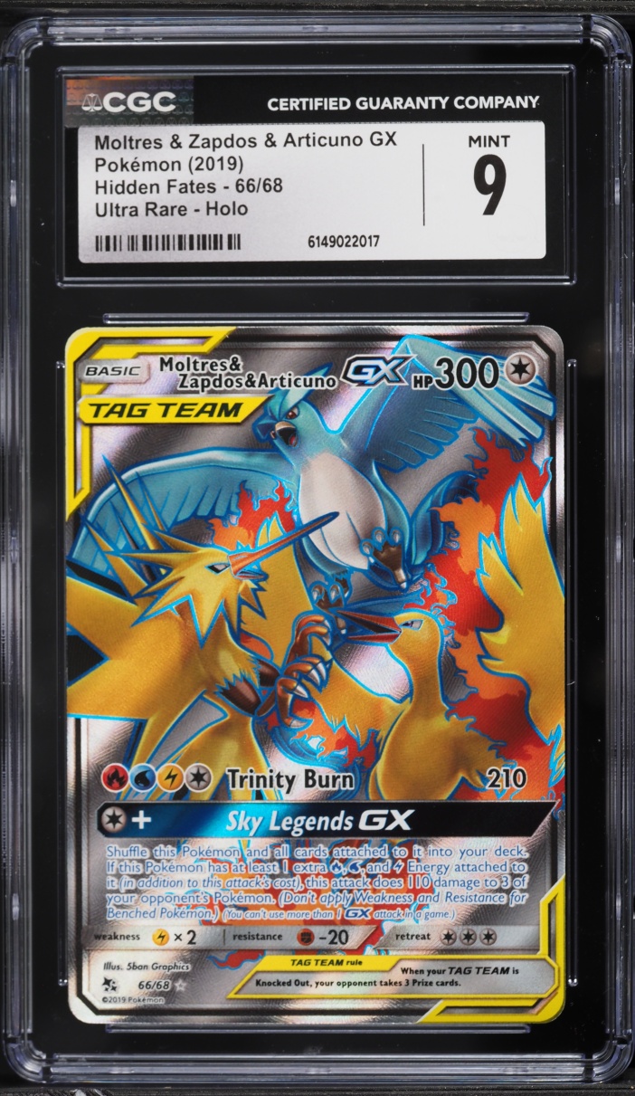 2019 Pokemon Sun & Moon Hidden Fates Full Art Moltres & Zapdos & Articuno GX #66 CGC 9 MINT