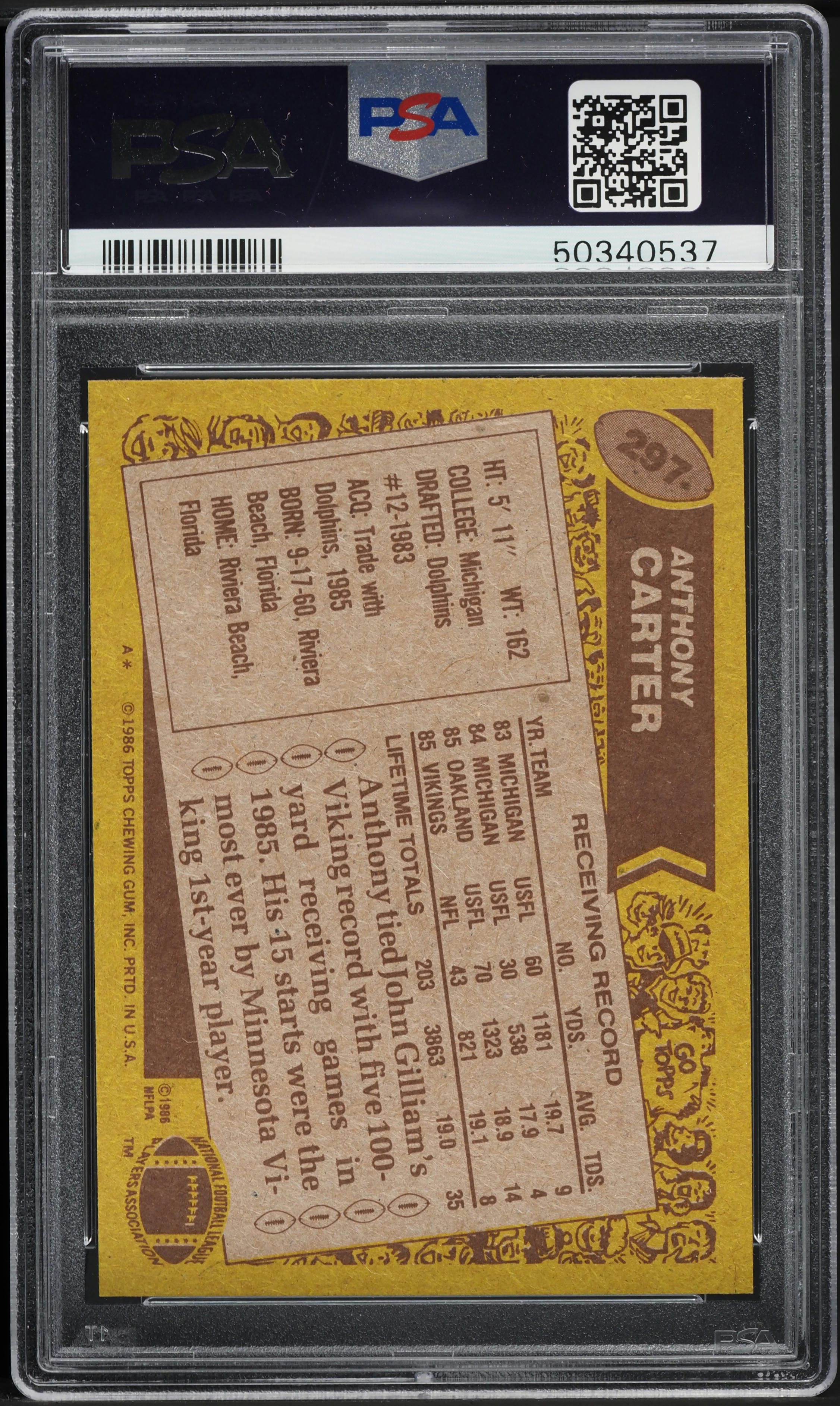 1986 Topps Football Anthony Carter ROOKIE #297 PSA 7 NRMT