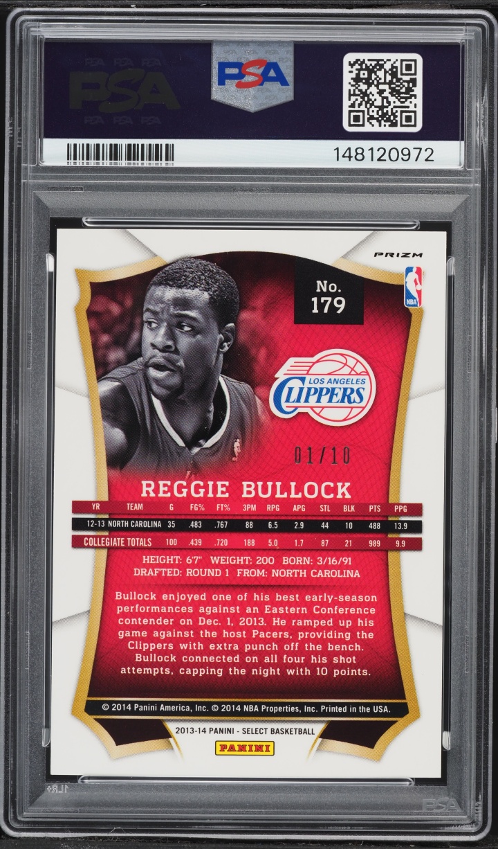 2013 Select Gold Prizm Reggie Bullock ROOKIE 1/10 #179 PSA 9 MINT