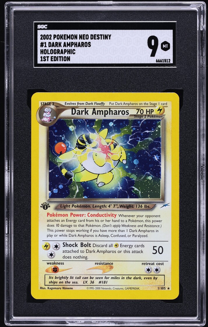 2002 Pokemon Neo Destiny 1st Edition Holo Dark Ampharos #1 SGC 9 MINT