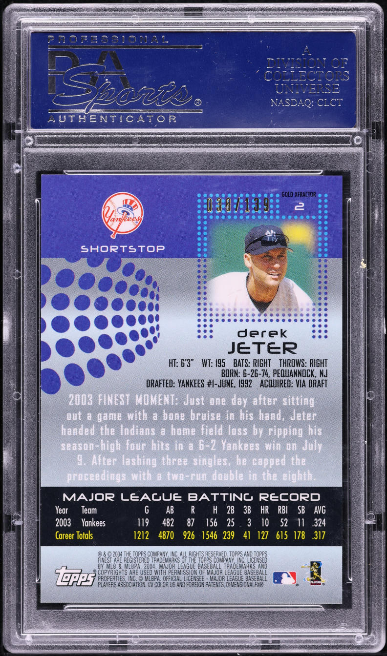 2004 Finest Gold Xfractor Derek Jeter /139 #2 PSA 10 GEM MINT - Photo 2