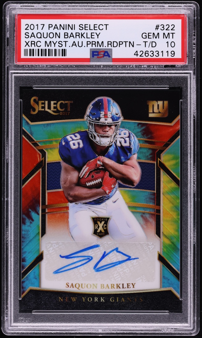 2017 Select XRC '18 Draft Tie-Dye Prizm Redemption Saquon Barkley ROOKIE AUTO /25 #322 PSA 10