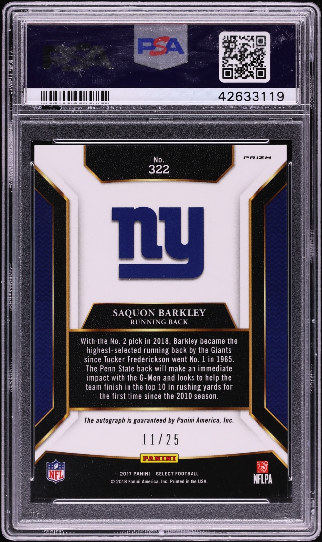 2017 Select XRC '18 Draft Tie-Dye Prizm Redemption Saquon Barkley ROOKIE AUTO /25 #322 PSA 10
