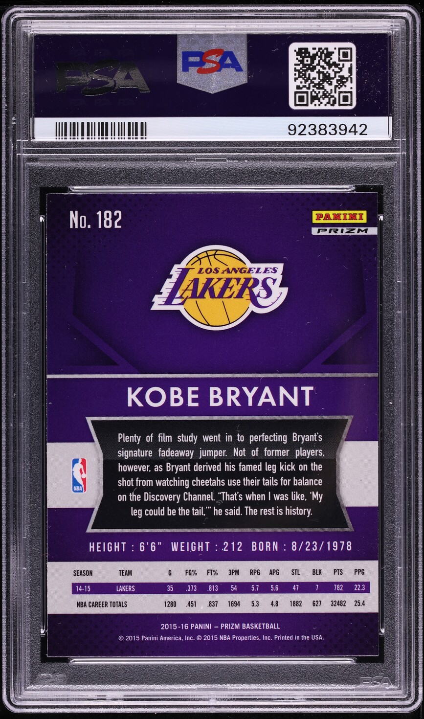 2015 Panini Prizm White Sparkle Kobe Bryant #182 PSA 8 NM-MT