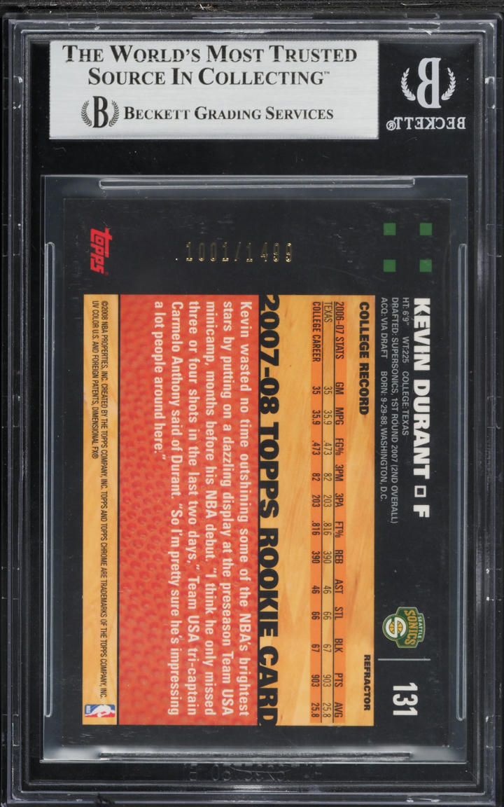 2007 Topps Chrome Refractor Kevin Durant ROOKIE /1499 #131 BGS 9 MINT