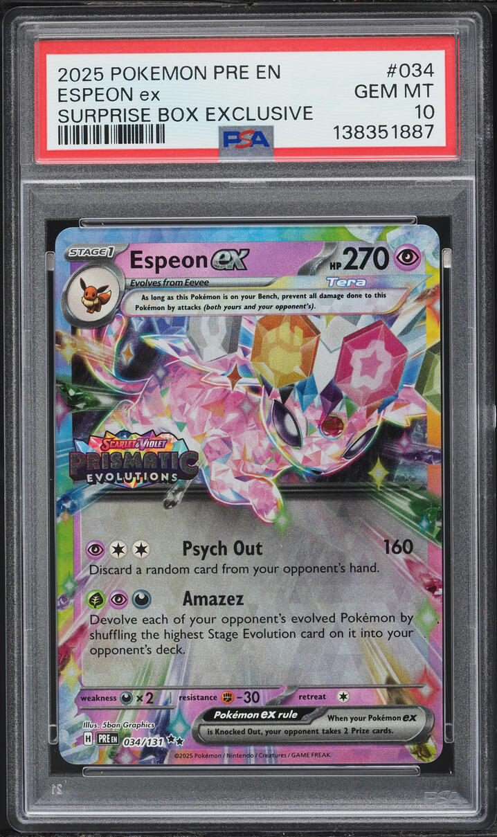 2025 Pokemon Scarlet & Violet Prismatic Evolutions Surprise Box Espeon ex #34 PSA 10 GEM MINT