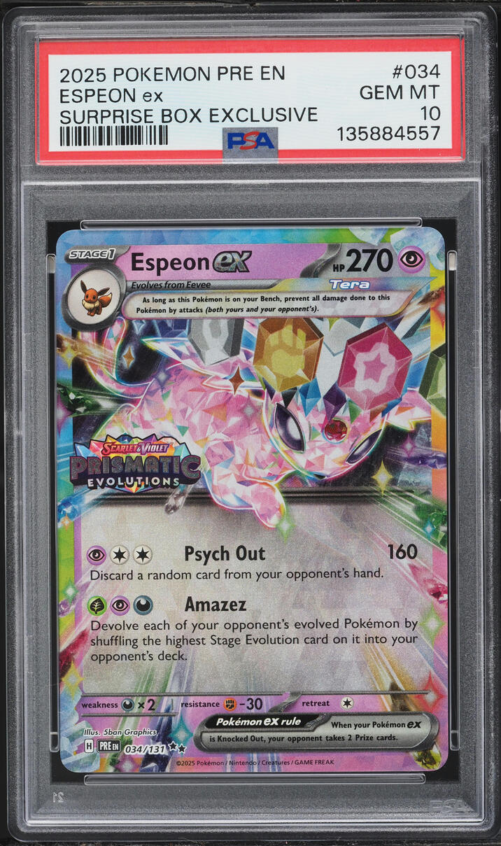 2025 Pokemon SV Prismatic Evolutions Surprise Box Holo Espeon EX #34 PSA 10 GEM MINT