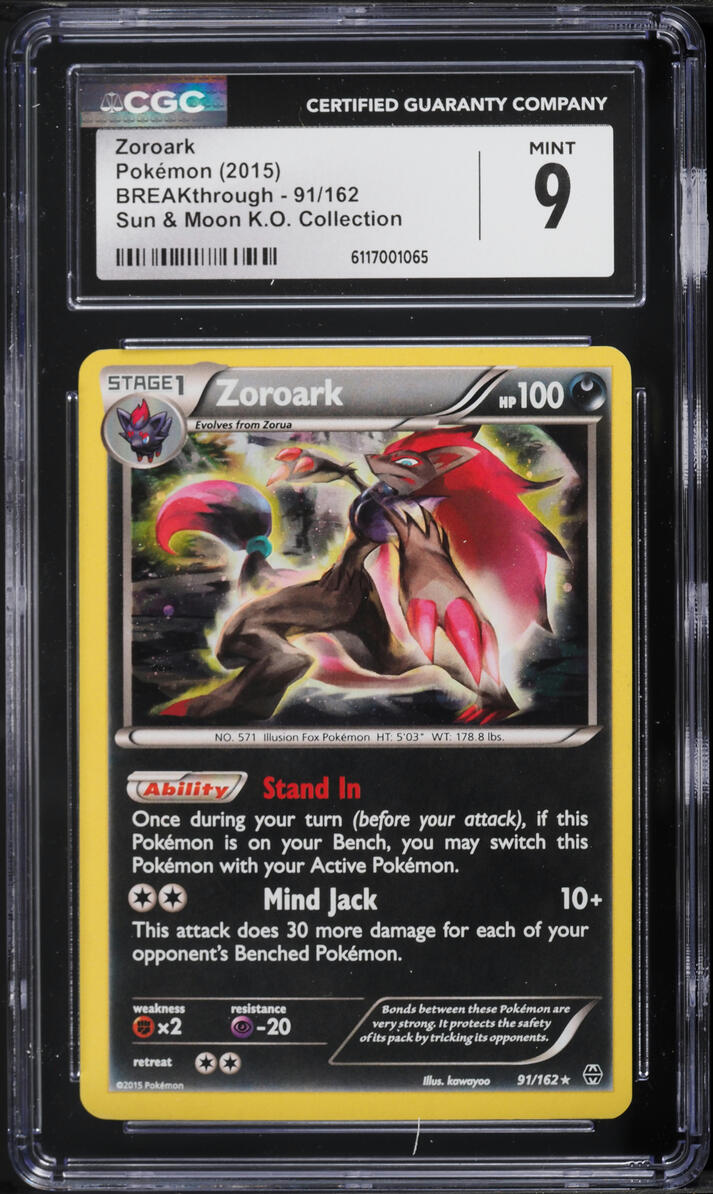 2015 Pokemon XY BREAKthrough Sun & Moon Knock Out Collection Holo Zoroark #91 CGC 9 MINT