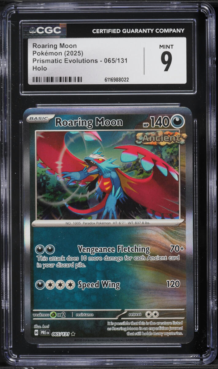 2025 Pokemon Scarlet & Violet Prismatic Evolutions Holo Roaring Moon #65 CGC 9 MINT