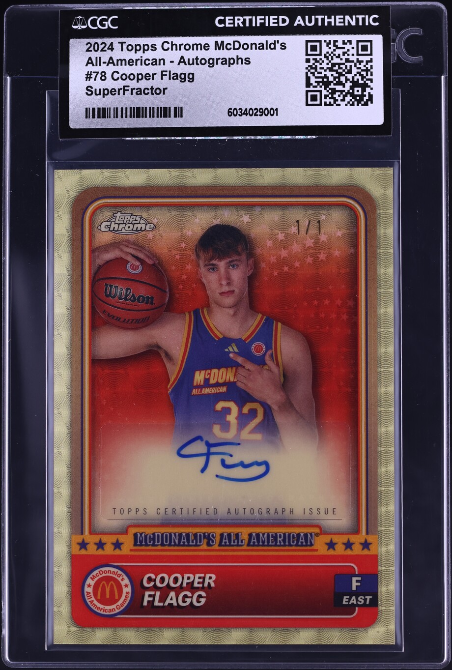 2024 Topps Chrome McDonald's A/A SuperFractor Cooper Flagg RC AUTO 1/1 CGC AUTH