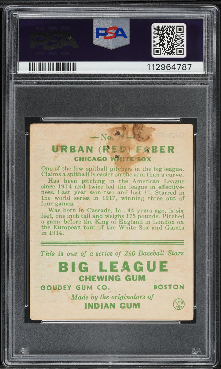 1933 Goudey Red Faber #79 PSA 1 PR