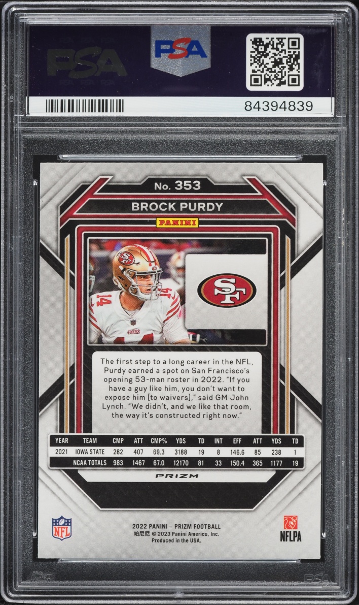 2022 Panini Prizm Silver Brock Purdy ROOKIE #353 PSA 10 GEM MINT