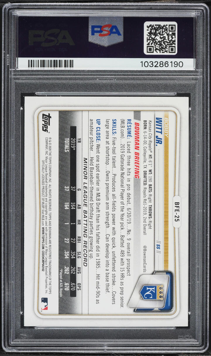 2020 Bowman 1st Edition Bobby Witt Jr. PROSPECT #BFE-25 PSA 9 MINT