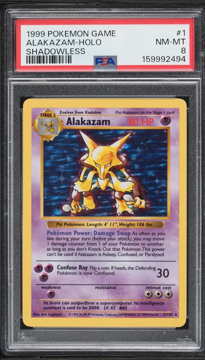 1999 Pokemon Base Set Shadowless Holo Alakazam #1 PSA 8 NM-MT