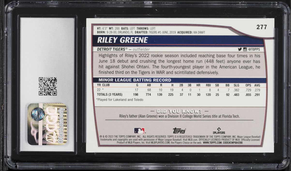 2023 Topps Big League Red Foil Riley Greene ROOKIE #277 CGC 10 GEM MINT