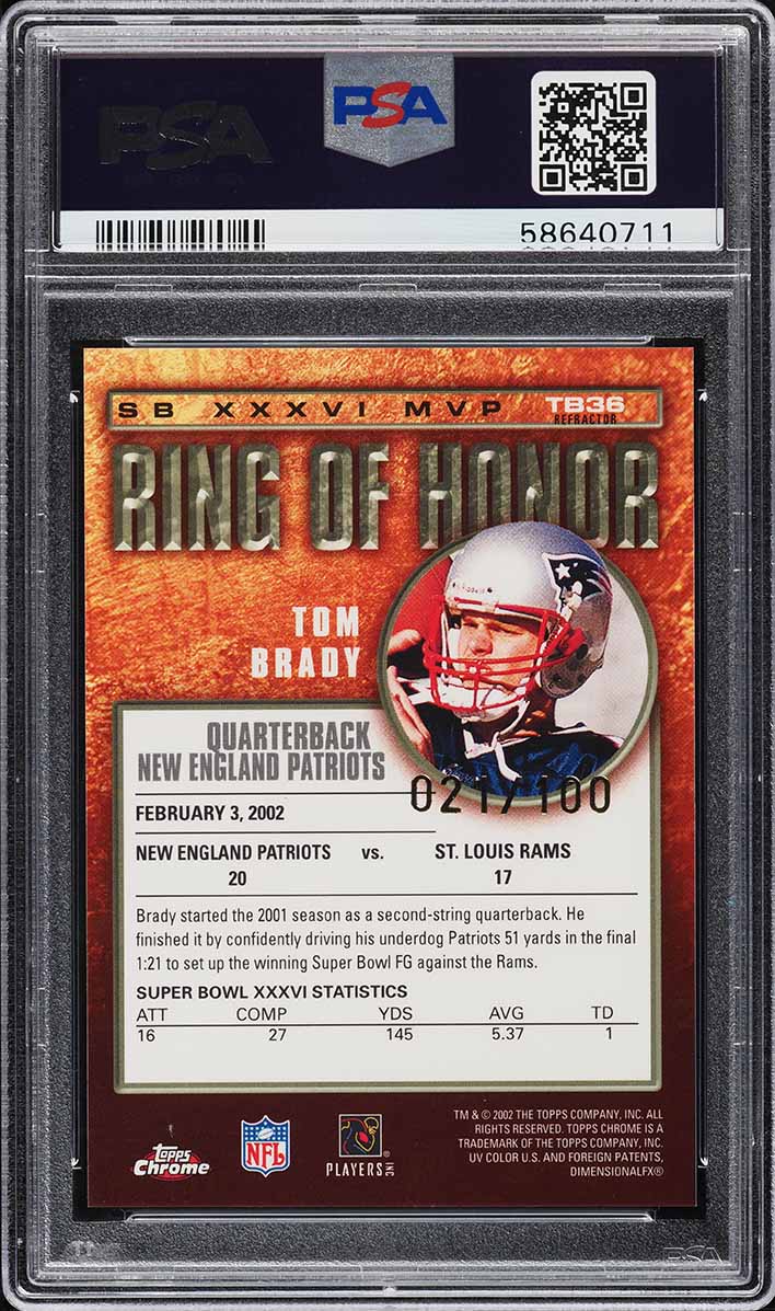 2002 Topps Chrome Ring Of Honor Refractor Tom Brady /100 #TB36 PSA 10 GEM MINT