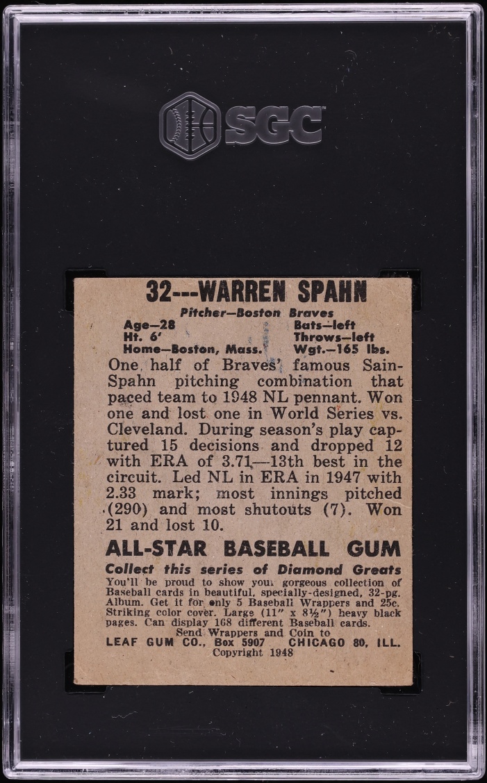 1948 Leaf Warren Spahn ROOKIE #32 SGC 3 VG
