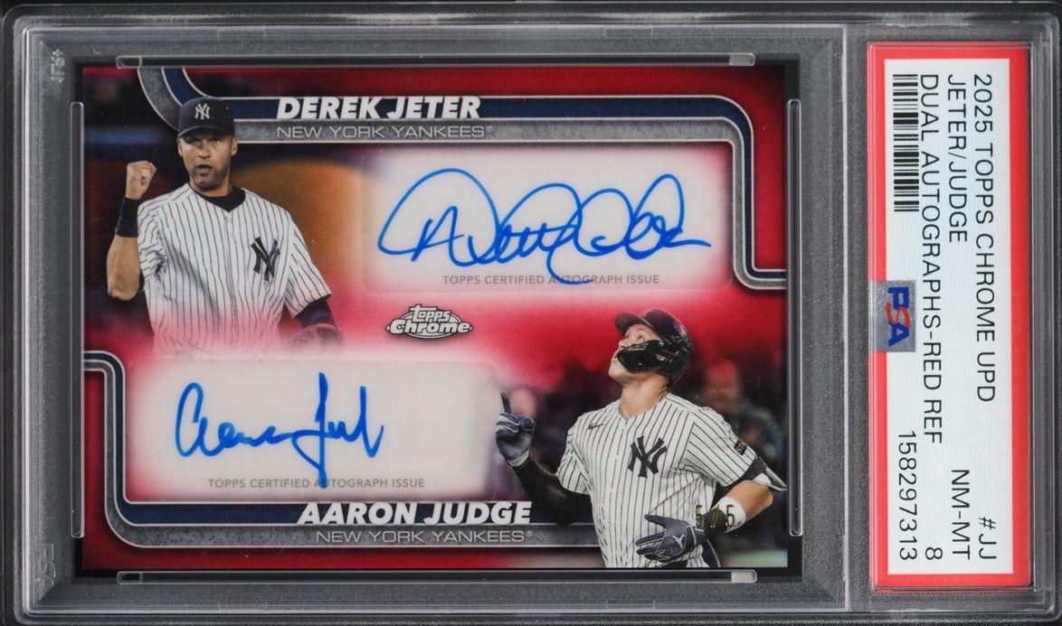 2025 Topps Chrome Update Red Refractor Derek Jeter Aaron Judge AUTO 5/5 #DA-JJ PSA 8 NM-MT