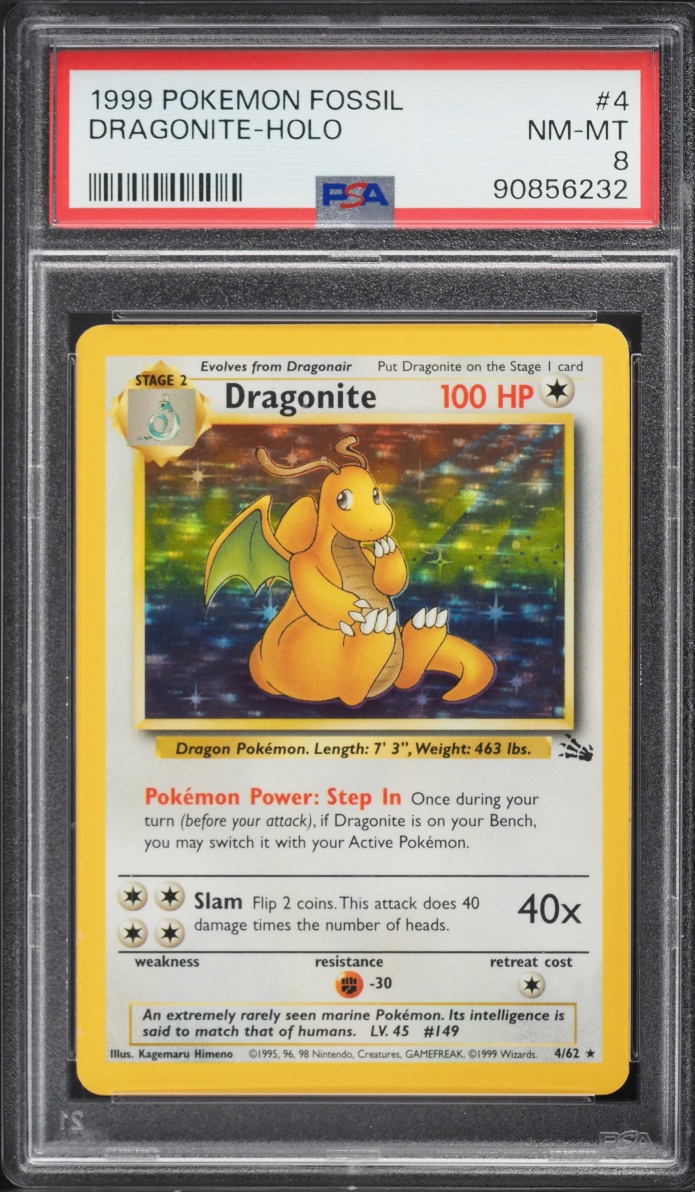1999 Pokemon Fossil Holo Dragonite #4 PSA 8 NM-MT