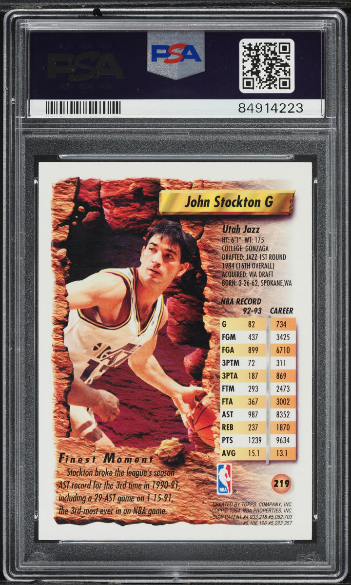 1993 Finest Basketball John Stockton #219 PSA 7 NRMT