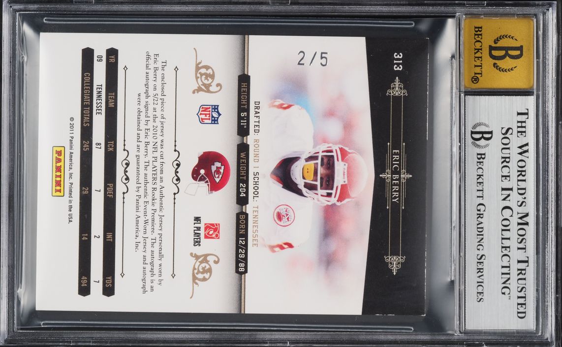 2010 National Treasures Signature Platinum Eric Berry ROOKIE PATCH AUTO /5 #313 BGS 8.5