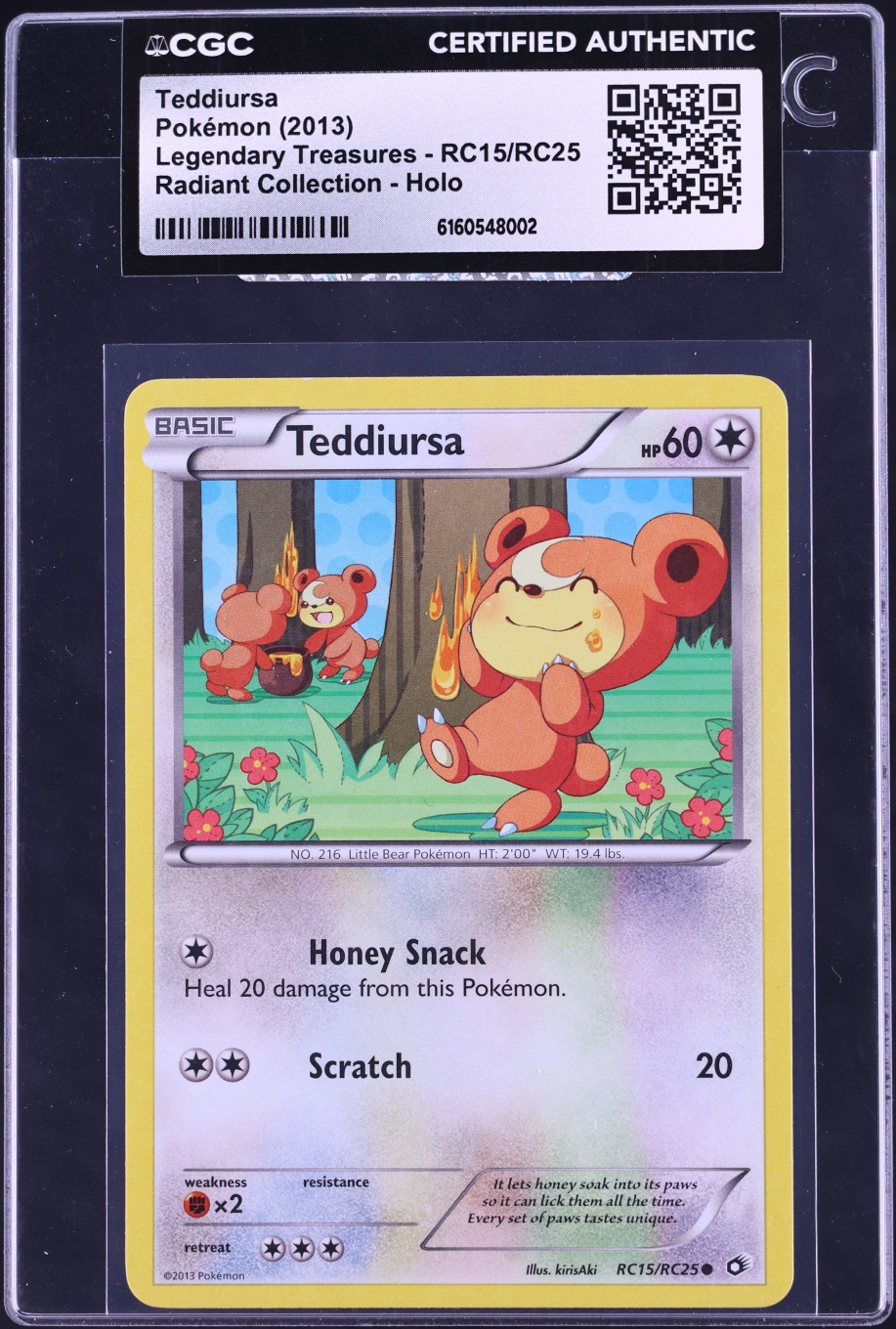 2013 Pokemon Black & White Legendary Treasures Radiant Collection Holo Teddiursa #RC15 CGC AUTH