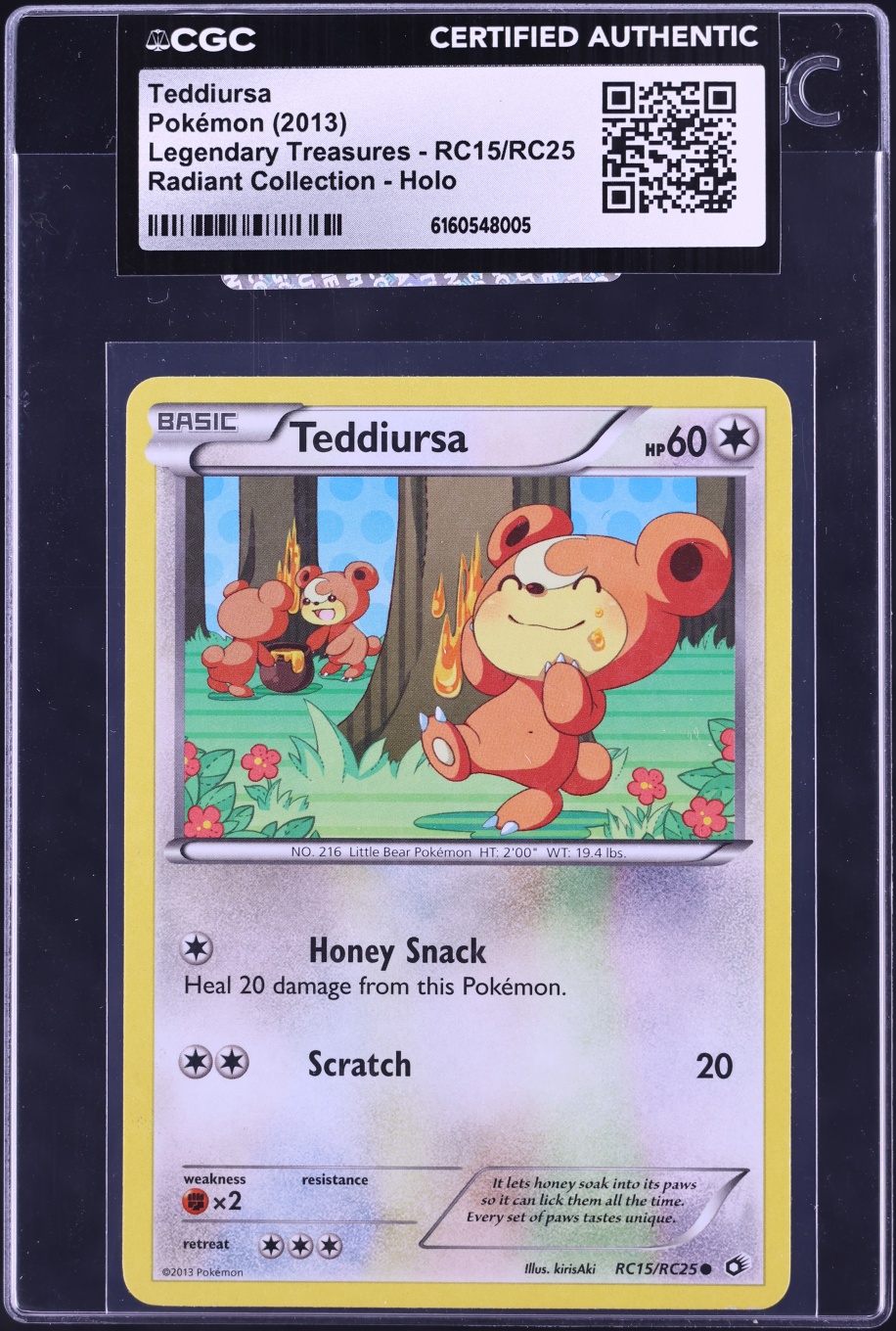 2013 Pokemon Black & White Legendary Treasures Radiant Collection Holo Teddiursa #RC15 CGC AUTH