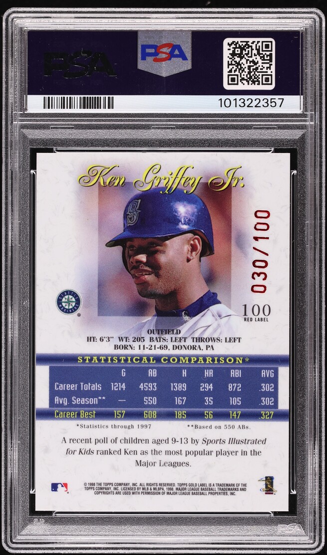 1998 Topps Gold Label Class 1 Red Label Ken Griffey Jr. /100 #100 PSA 9 MINT