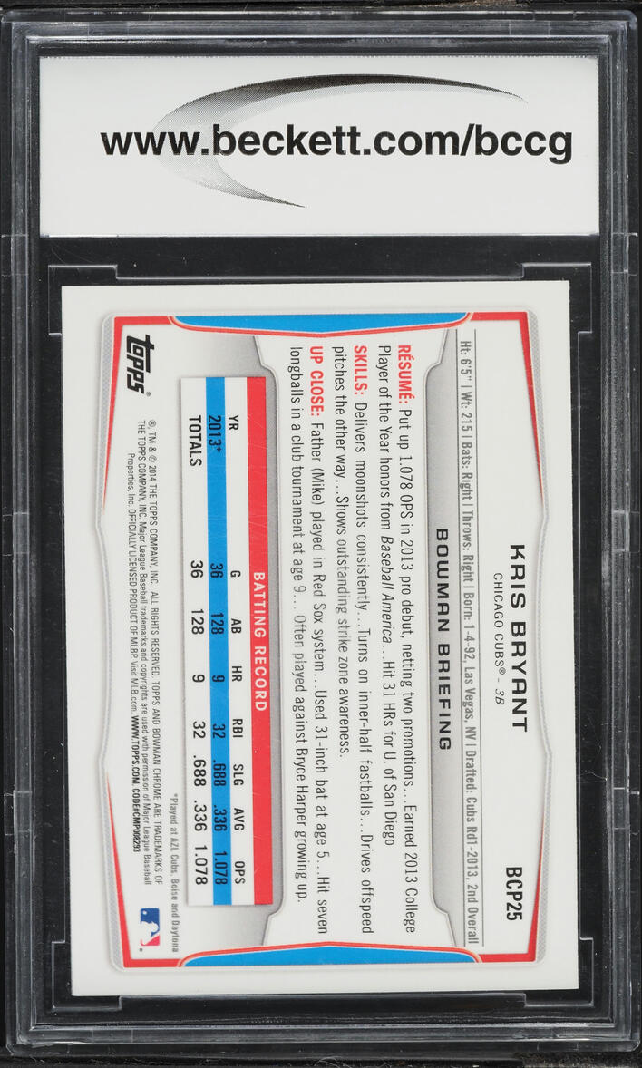 2014 Bowman Chrome Kris Bryant PROSPECT #BCP25 BCCG 10 GEM MINT