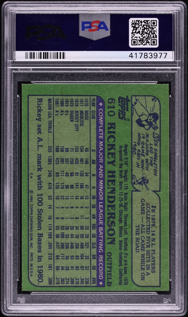 1982 Topps Rickey Henderson #610 PSA 9 MINT