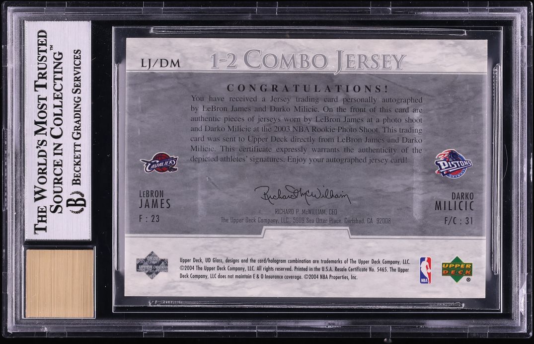 2003 UD Glass Combo Darko Milicic & LeBron James ROOKIE PATCH AUTO /10 #LJDM BGS 9 MINT
