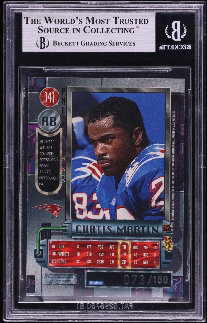 1997 Metal Universe Precious Metal Gems PMG Red Curtis Martin /150 #141 BGS 8.5 NM-MT+ - Photo 2
