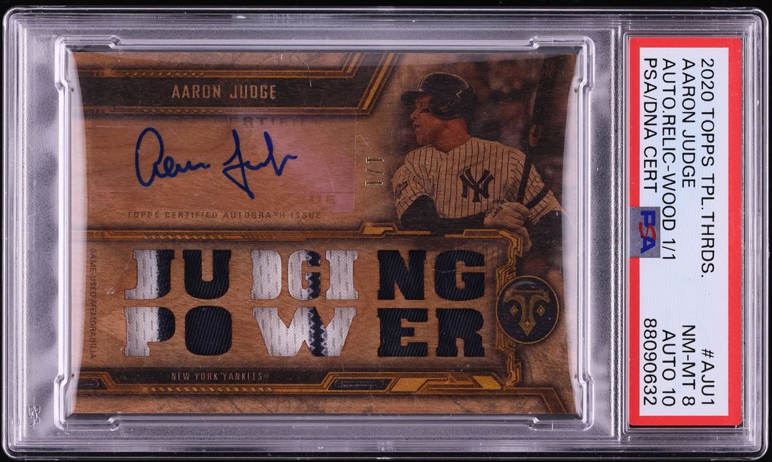2020 Topps Triple Threads Relics Wood Aaron Judge PATCH AUTO DNA 10 1/1 #TTAR-AJU1 PSA 8 NM-MT
