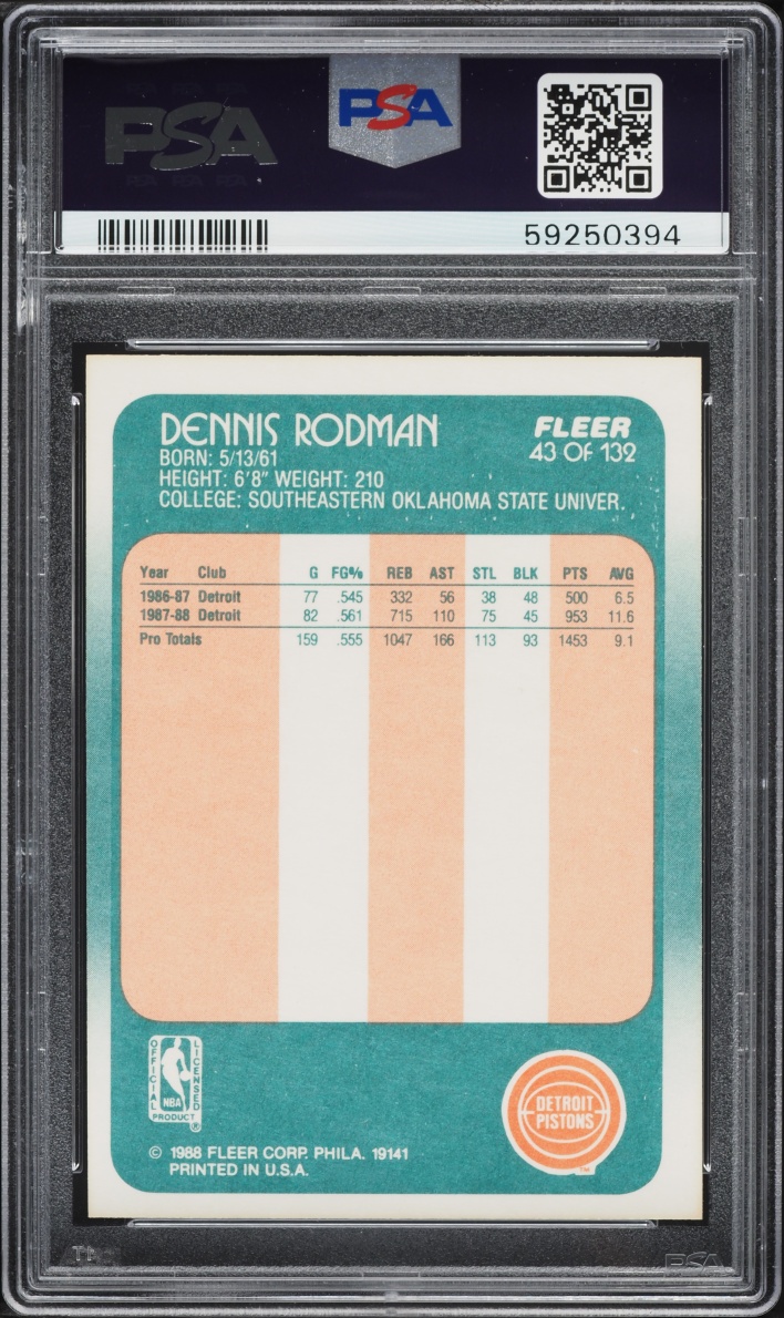 1988 Fleer Basketball Dennis Rodman #43 PSA 8 NM-MT