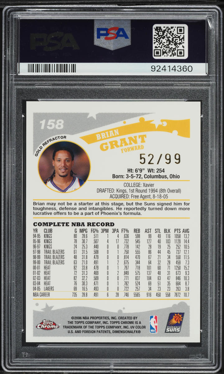2005 Topps Chrome Gold Refractor Brian Grant /99 #158 PSA 9 MINT