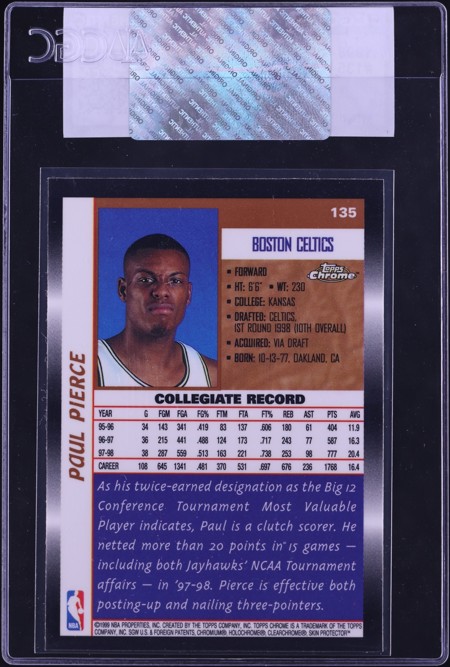 1998 Topps Chrome Paul Pierce ROOKIE #135 CGC AUTH