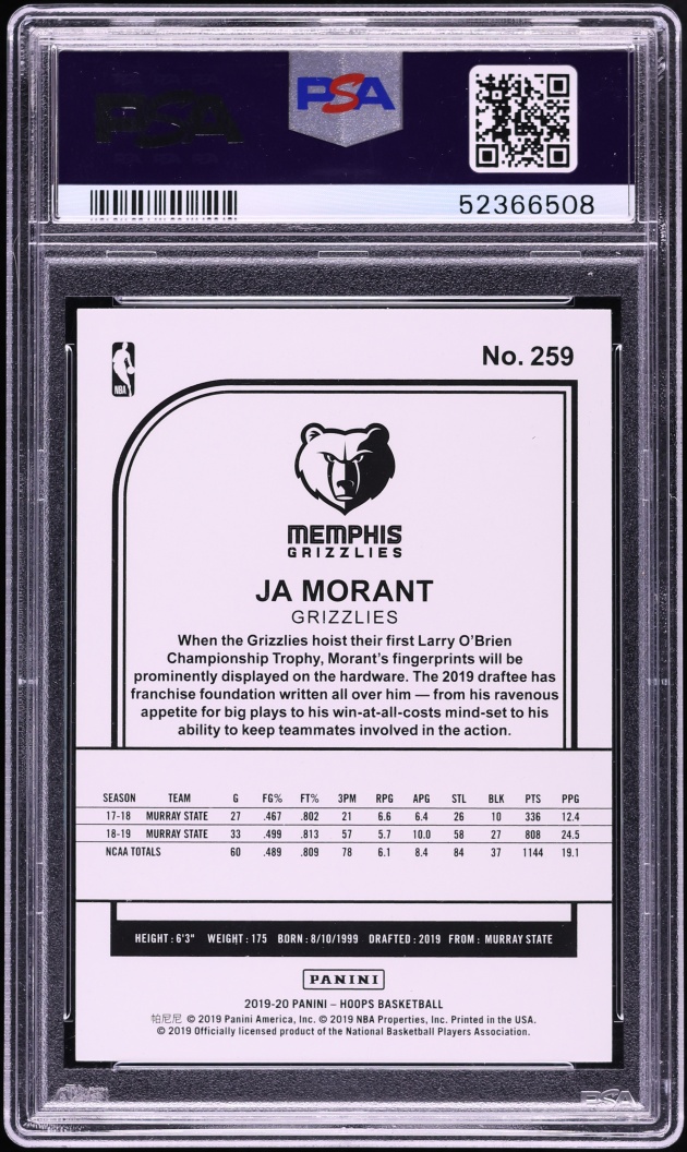 2019 Hoops Winter Ja Morant ROOKIE #259 PSA 10 GEM MINT
