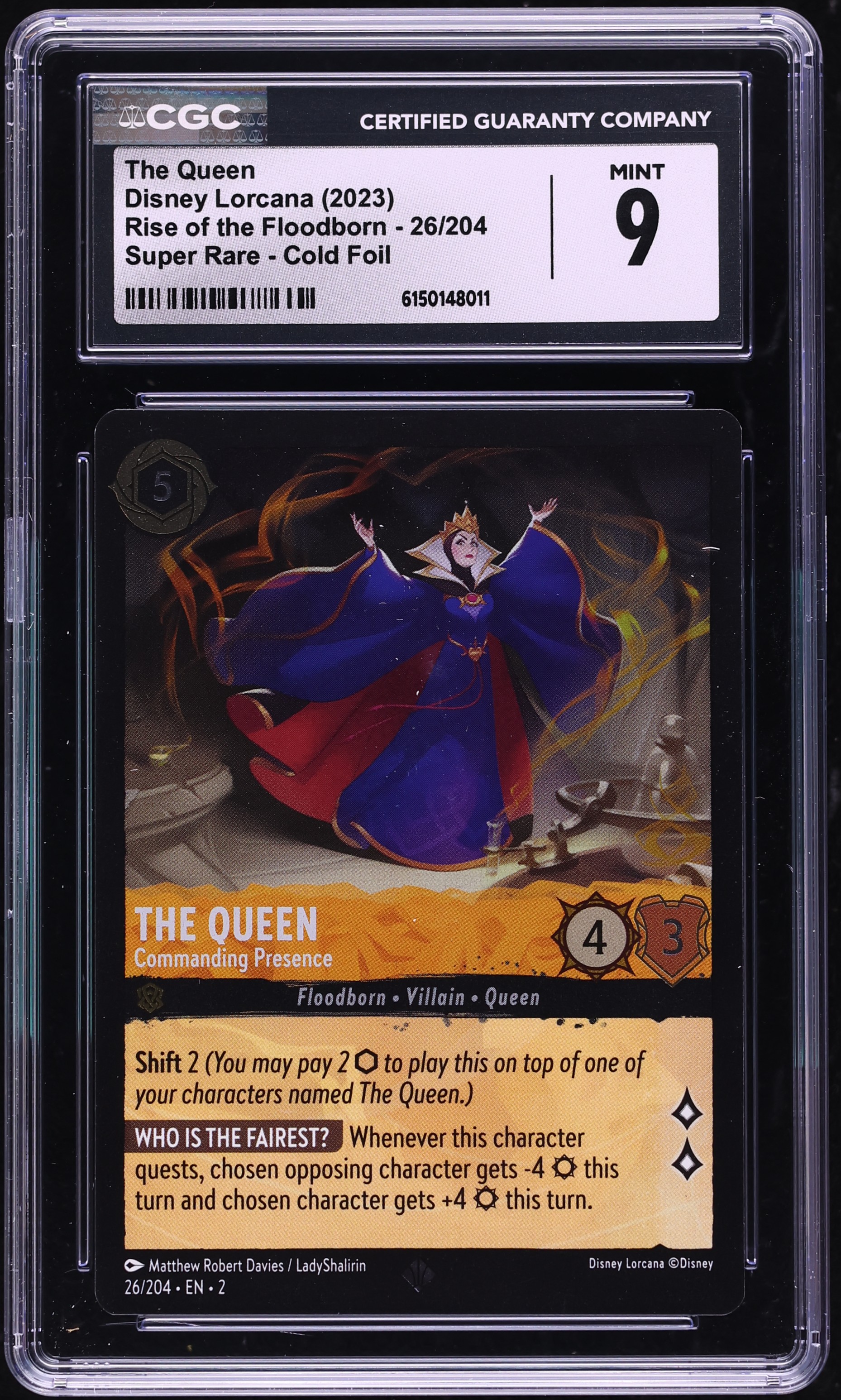 2023 Disney Lorcana Rise Of The Floodborn Cold Foil The Queen Commanding Presence #26 CGC 9