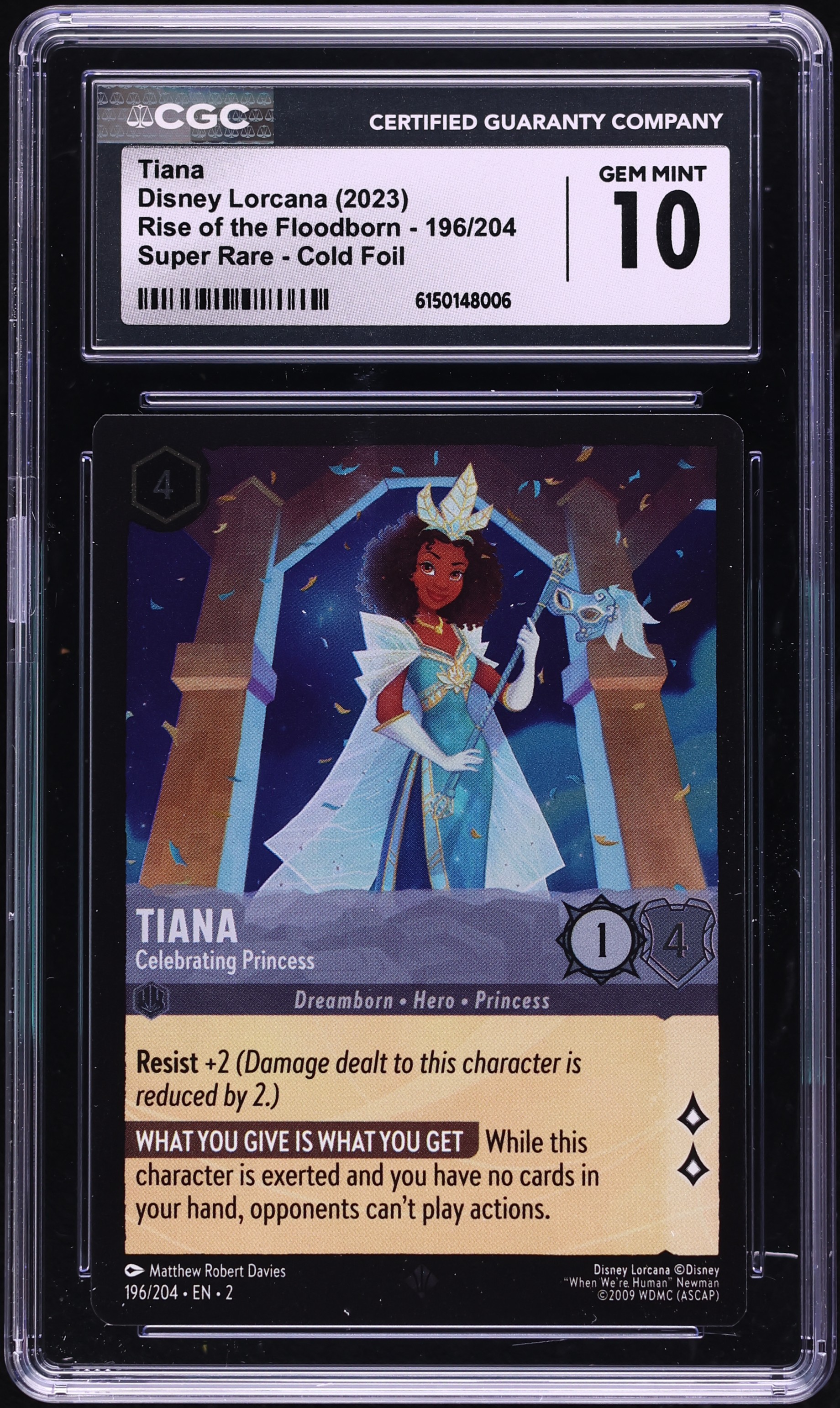 2023 Disney Lorcana Rise Of The Floodborn Cold Foil Tiana Celebrating Princess #196 CGC 10 GEM