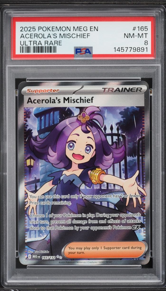2025 Pokemon Mega Evolution Full Art Acerola's Mischief #165 PSA 8 NM-MT