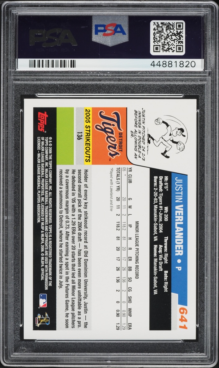 2006 Topps Justin Verlander ROOKIE #641 PSA 9 MINT
