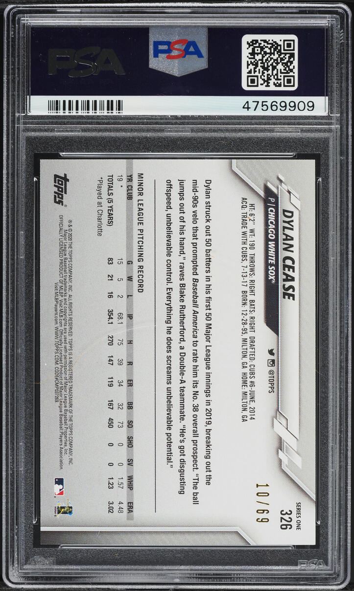 2020 Topps Black Dylan Cease ROOKIE /69 #326 PSA 9 MINT