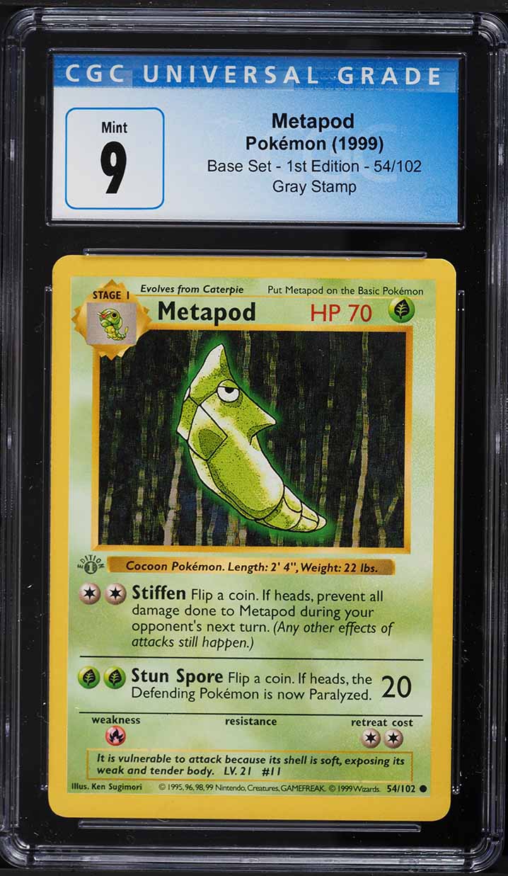 1999 Pokemon Base Set Shadowless 1st Edition Gray Stamp Metapod #54 CGC 9 MINT