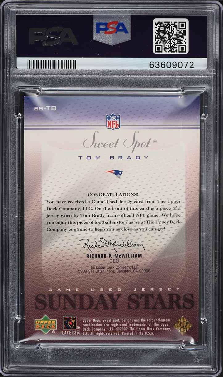 2002 Upper Deck Sweet Spot Sunday Stars Tom Brady PATCH /250 #SS-TB PSA 7 NRMT