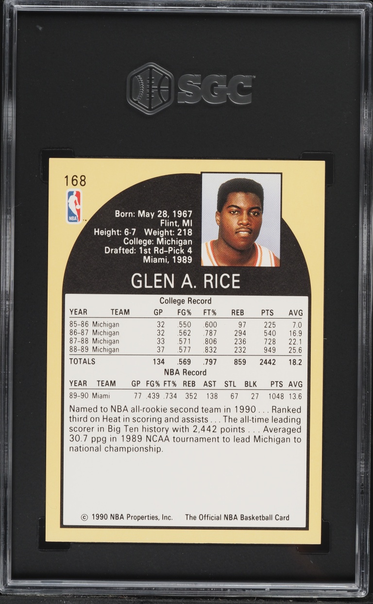 1990 Hoops Glen Rice ROOKIE #168 SGC 8 NM-MT